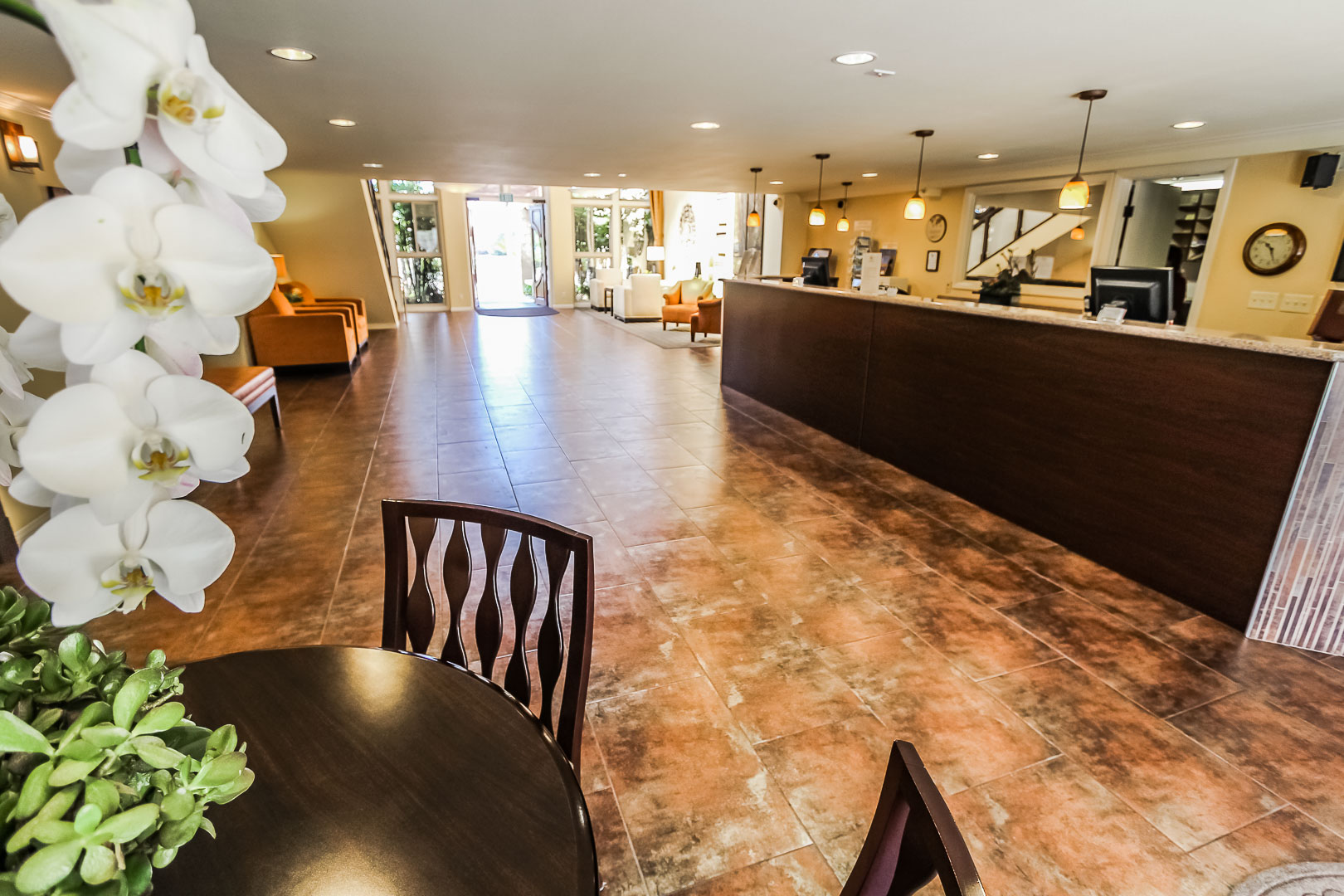 A renovated lobby area at VRI's Winner Circle Resort in California.